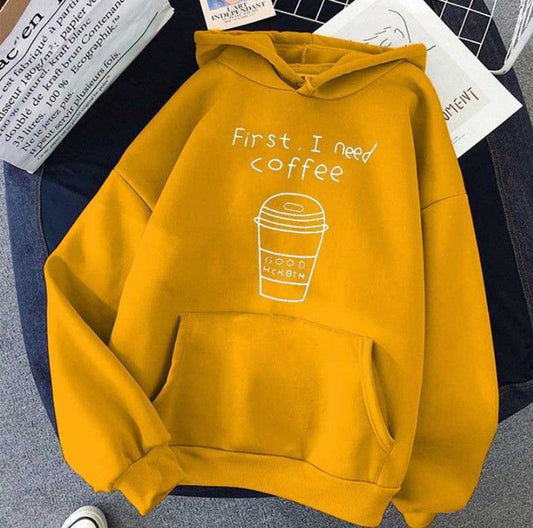 Popster Mustard Printed Fleece Hoody Regular Fit Long Sleeve Womens Sweatshirt